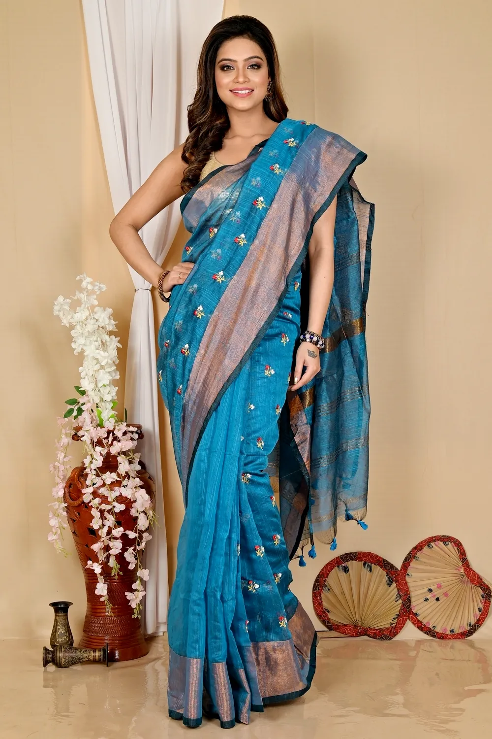 Blue Blended Cotton Slabaka Moli Hand Loom Saree (1654)
