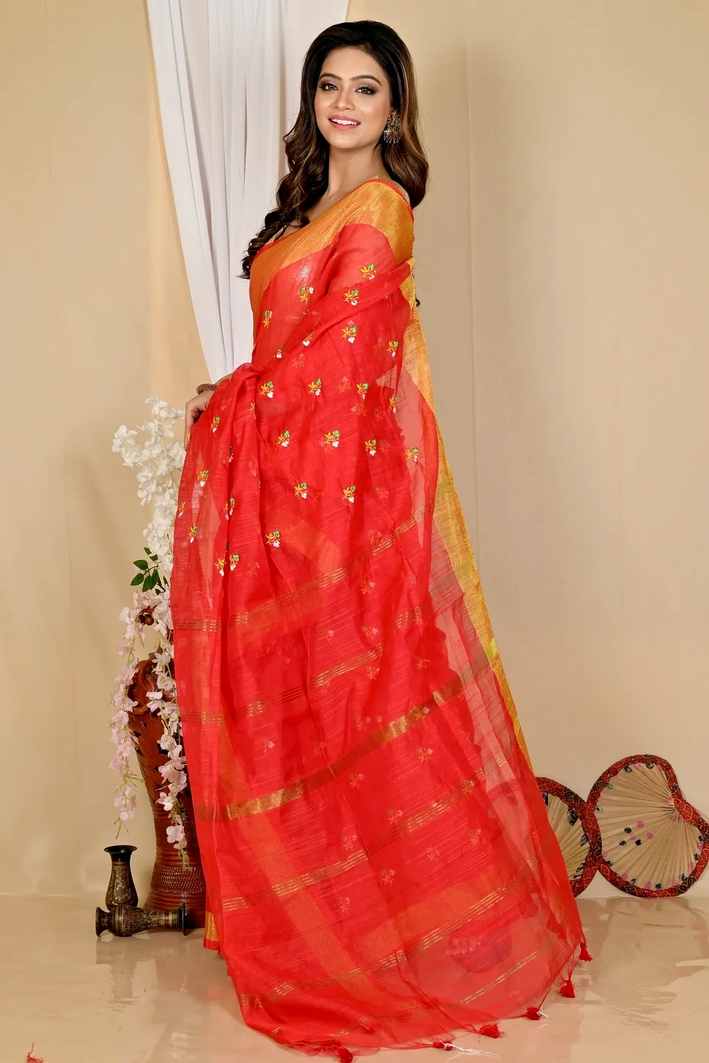 Red Blended Cotton Slabaka Moli Hand Loom Saree (1655)