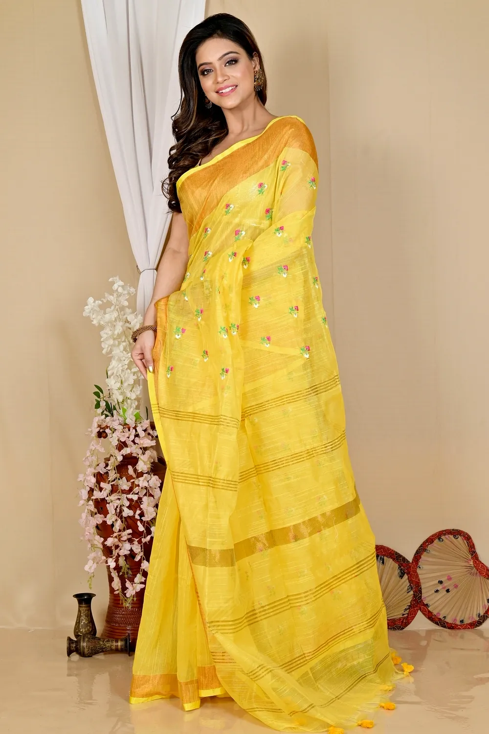 Yellow Blended Cotton Slabaka Moli Hand Loom Saree (1657)