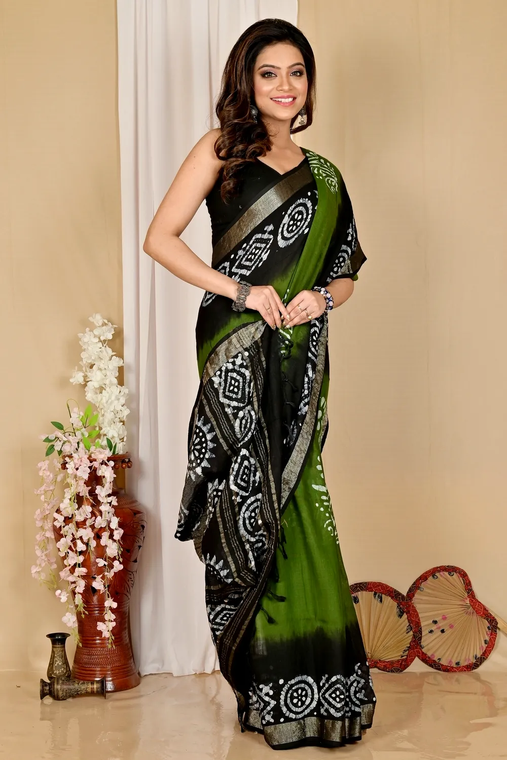 Dark Green Pure Cotton Batika Batik Print Saree (1658)