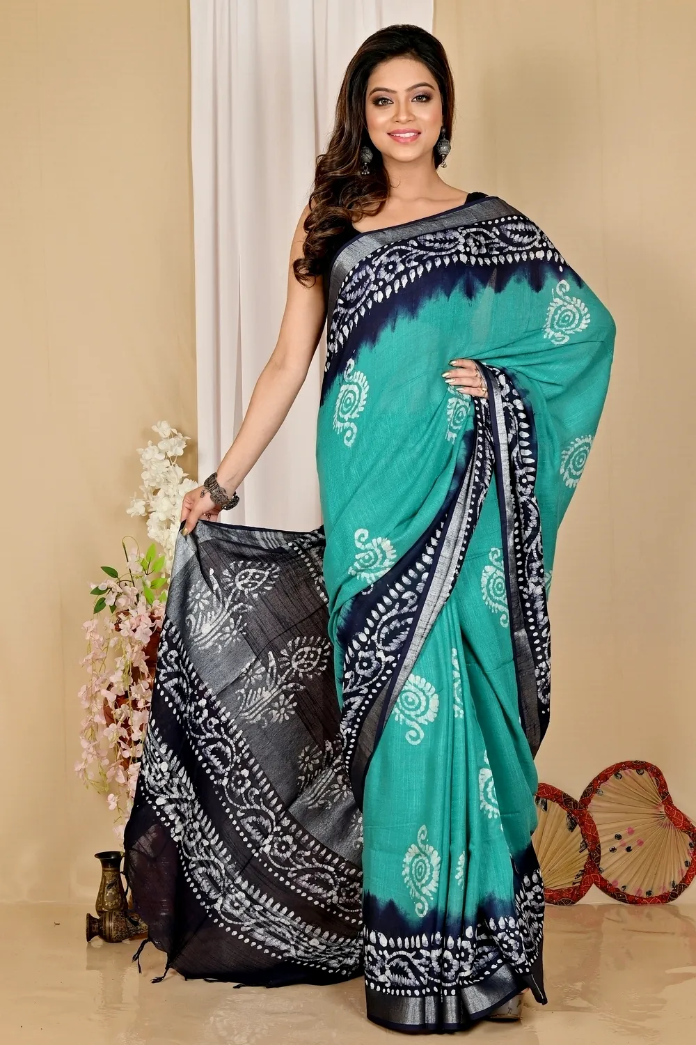 Sky Blue Pure Cotton Batika Batik Print Saree (1659)
