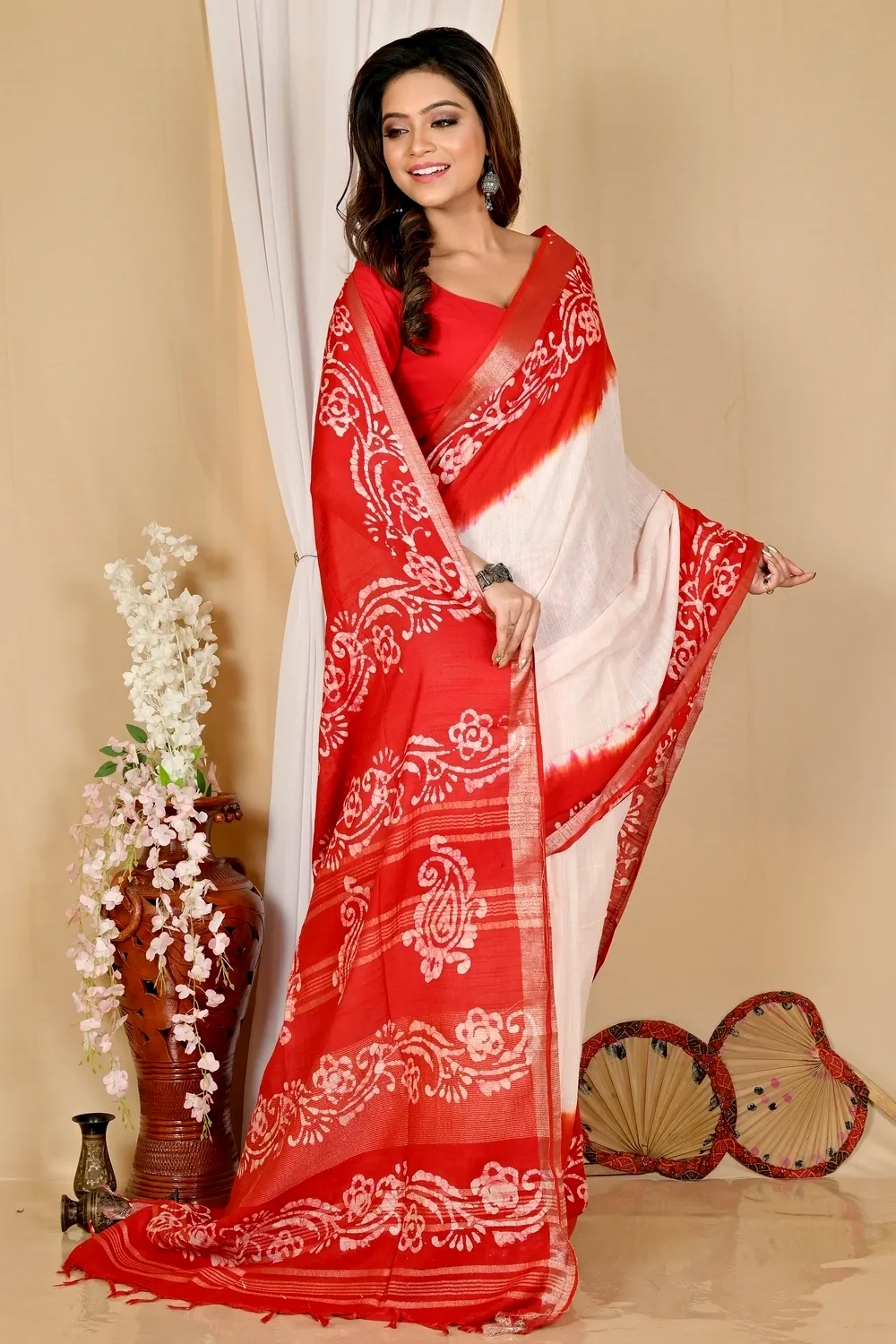 White Red Pure Cotton Batika Batik Print Saree (1660)