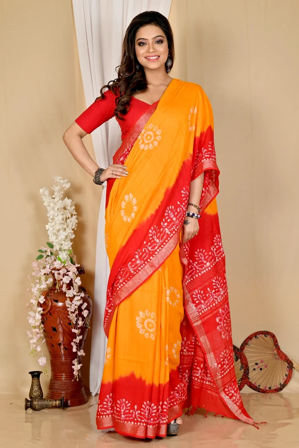 Yellow Red Pure Cotton Batika Batik Print Saree (1661)