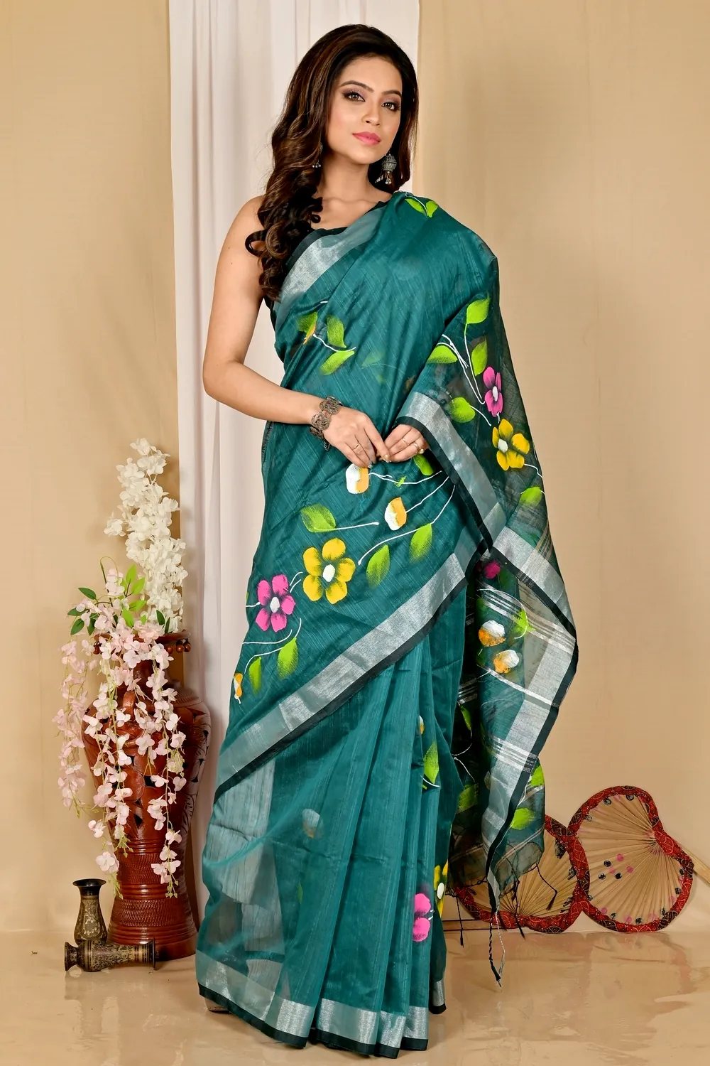 Dark Green Blended Cotton Slabaka Ful Hand Painted Saree (1672)