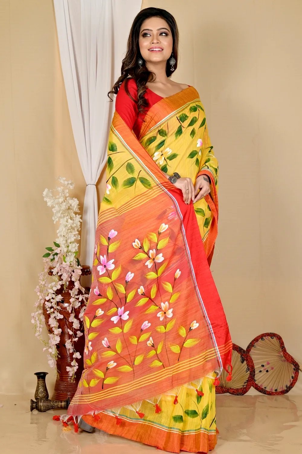 Yellow Red Blended Cotton Slabakato Hand Painted Saree (1677)