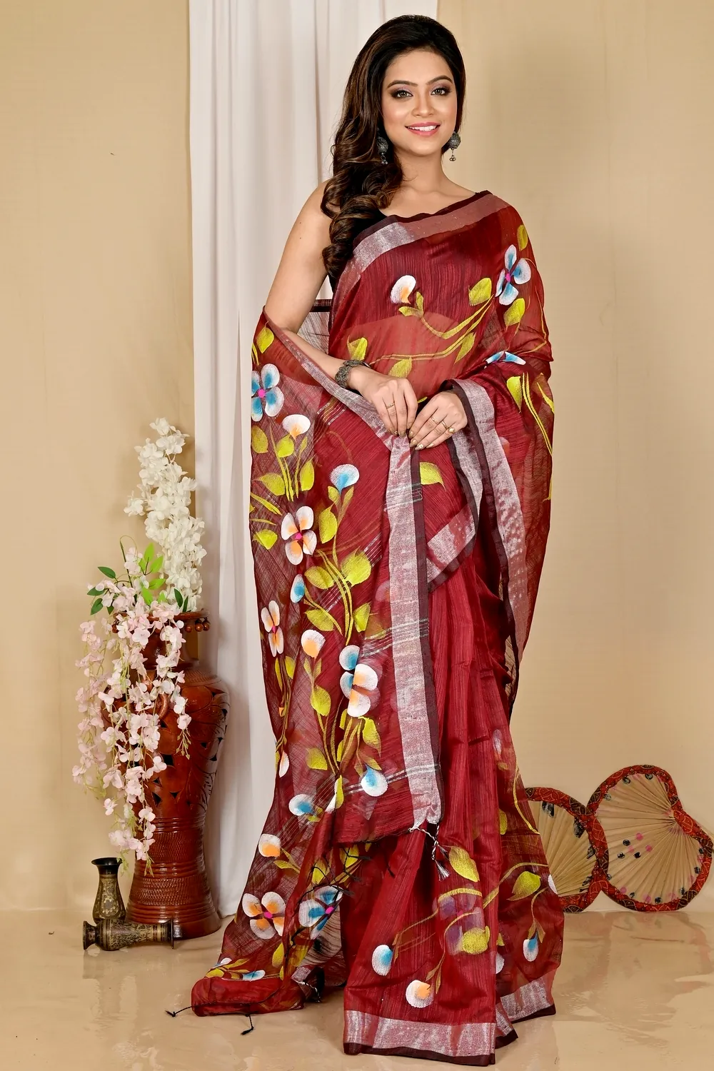 Brown Blended Cotton Tanikato Hand Painted Saree (1678)