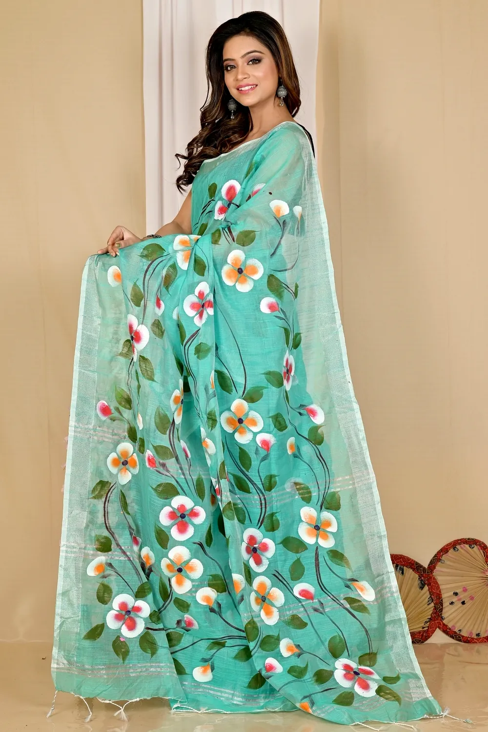 See Green Blended Cotton Tanikato Hand Painted Saree (1679)