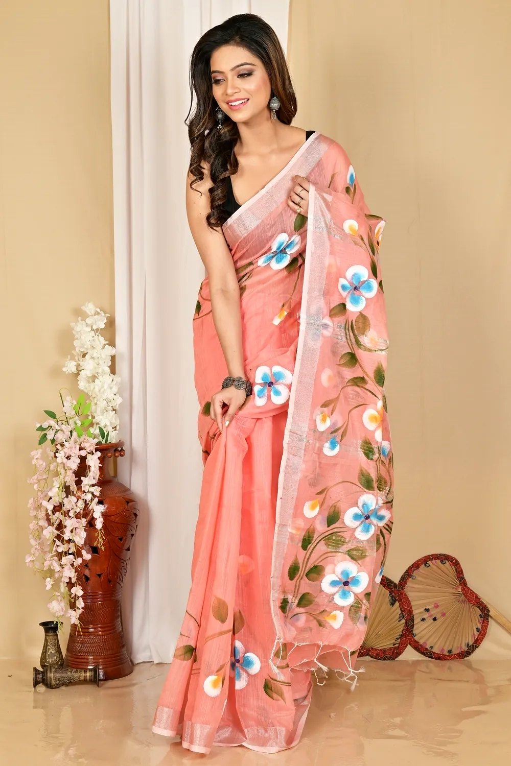 Peach Blended Cotton Tanikato Hand Painted Saree (1680)