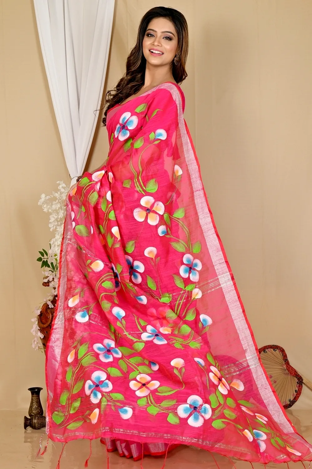 Pink Blended Cotton Tanikato Hand Painted Saree (1681)