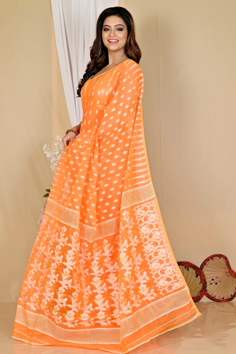 Orange Blended Cotton Rapial Jamdani Saree (1682)