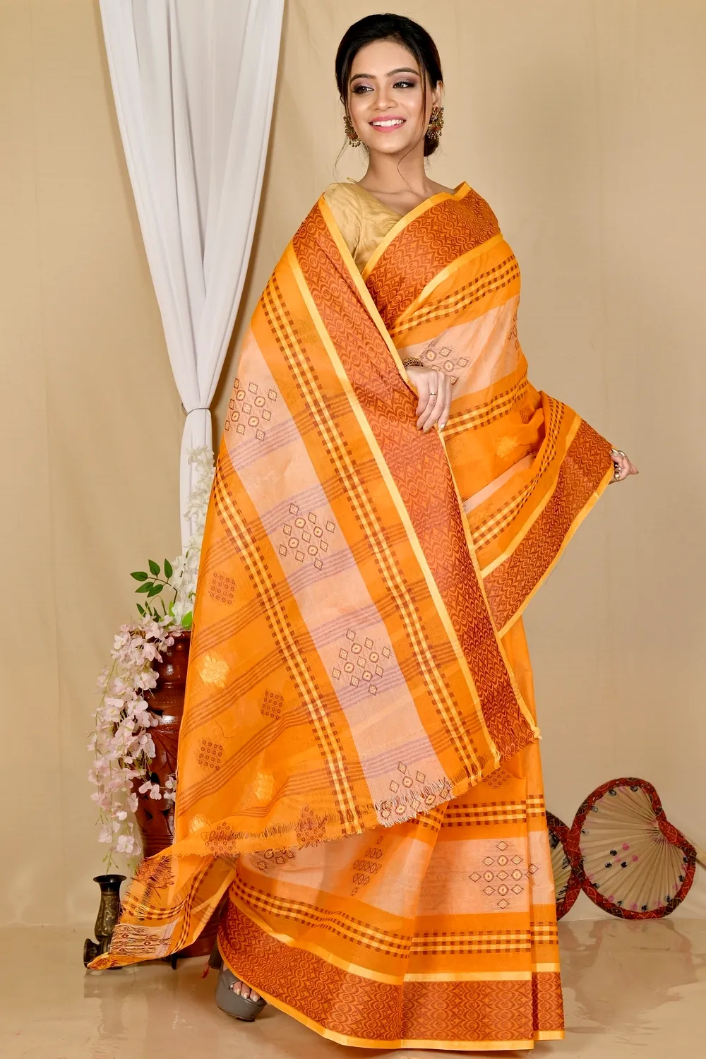Orange Pure Cotton Krita Tant Saree (1691)