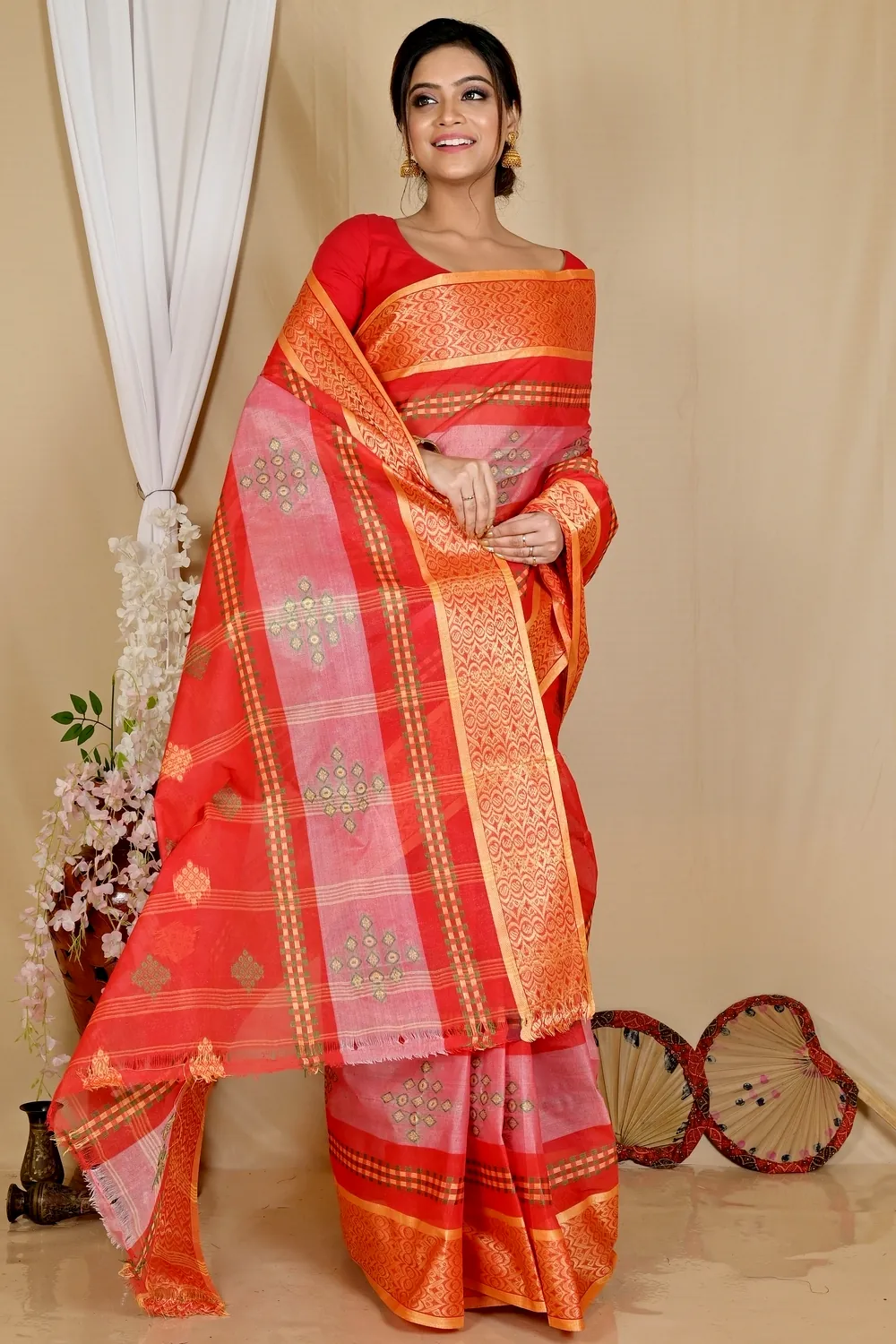Red Pure Cotton Krita Tant Saree (1695)