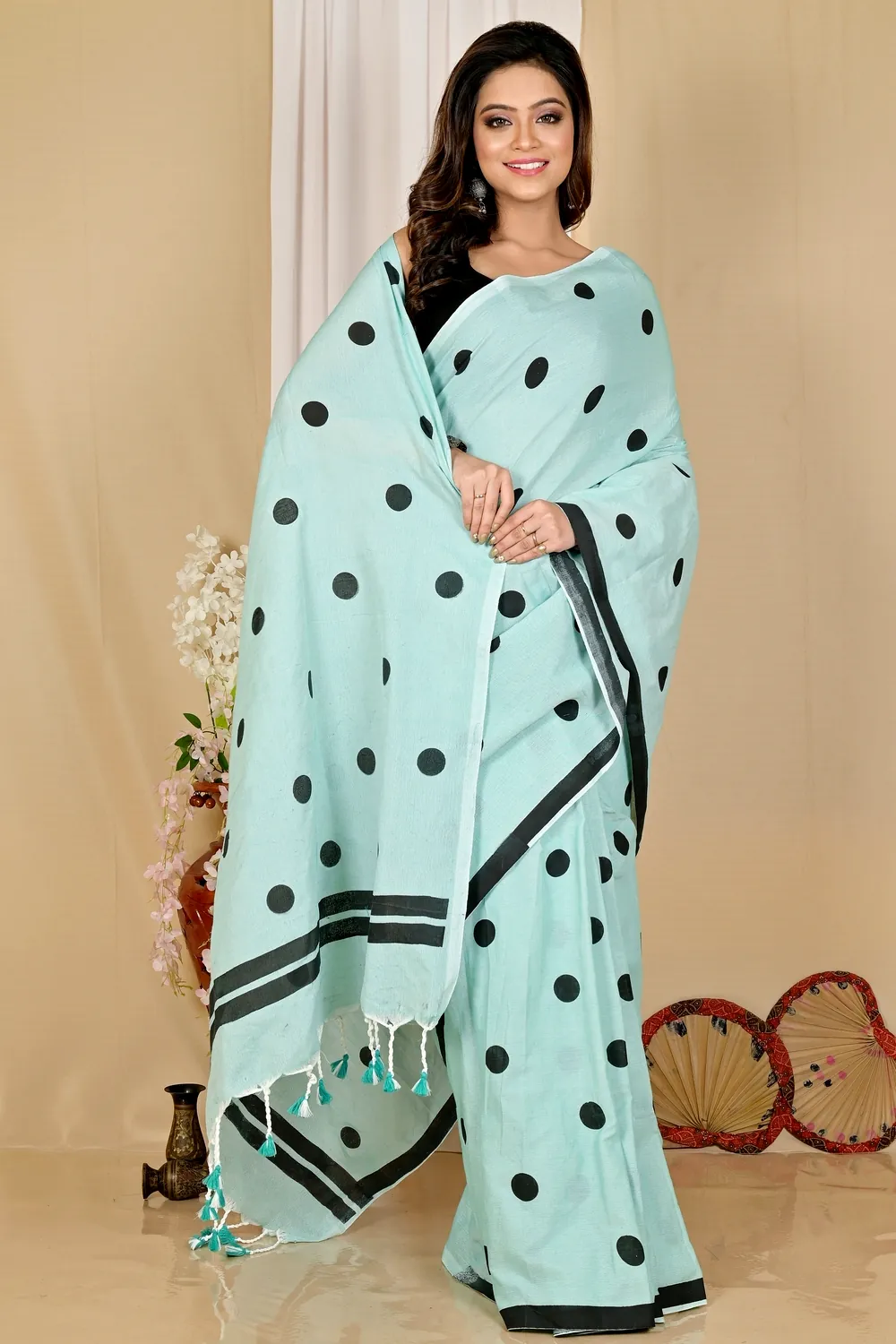 See Green Pure Cotton Tip Hand Loom Saree (1696)