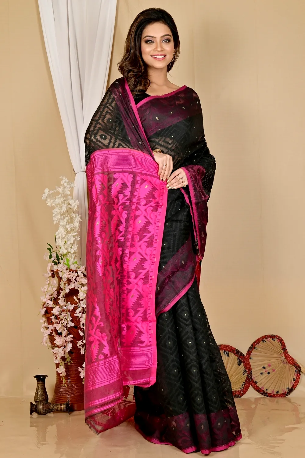 Black Purple Blended Cotton Krokai Jamdani Saree (1701)