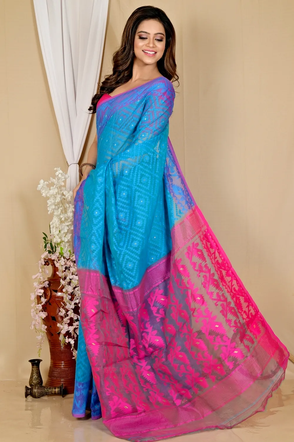 Blue Purple Blended Cotton Krokai Jamdani Saree (1702)