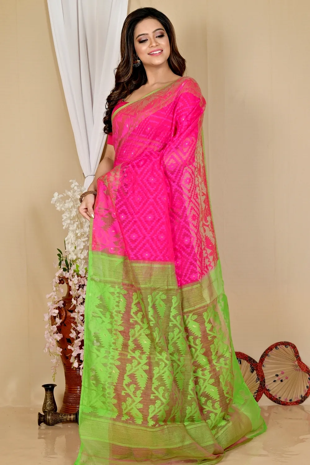 Purple Green Blended Cotton Krokai Jamdani Saree (1703)