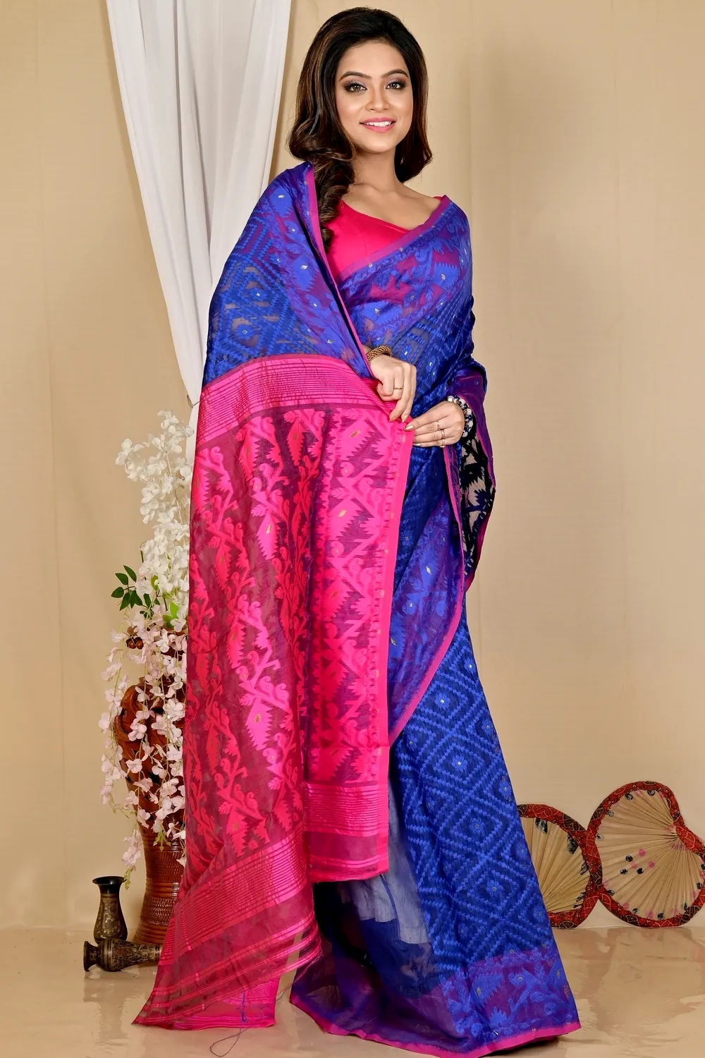 Blue Purple Blended Cotton Krokai Jamdani Saree (1704)