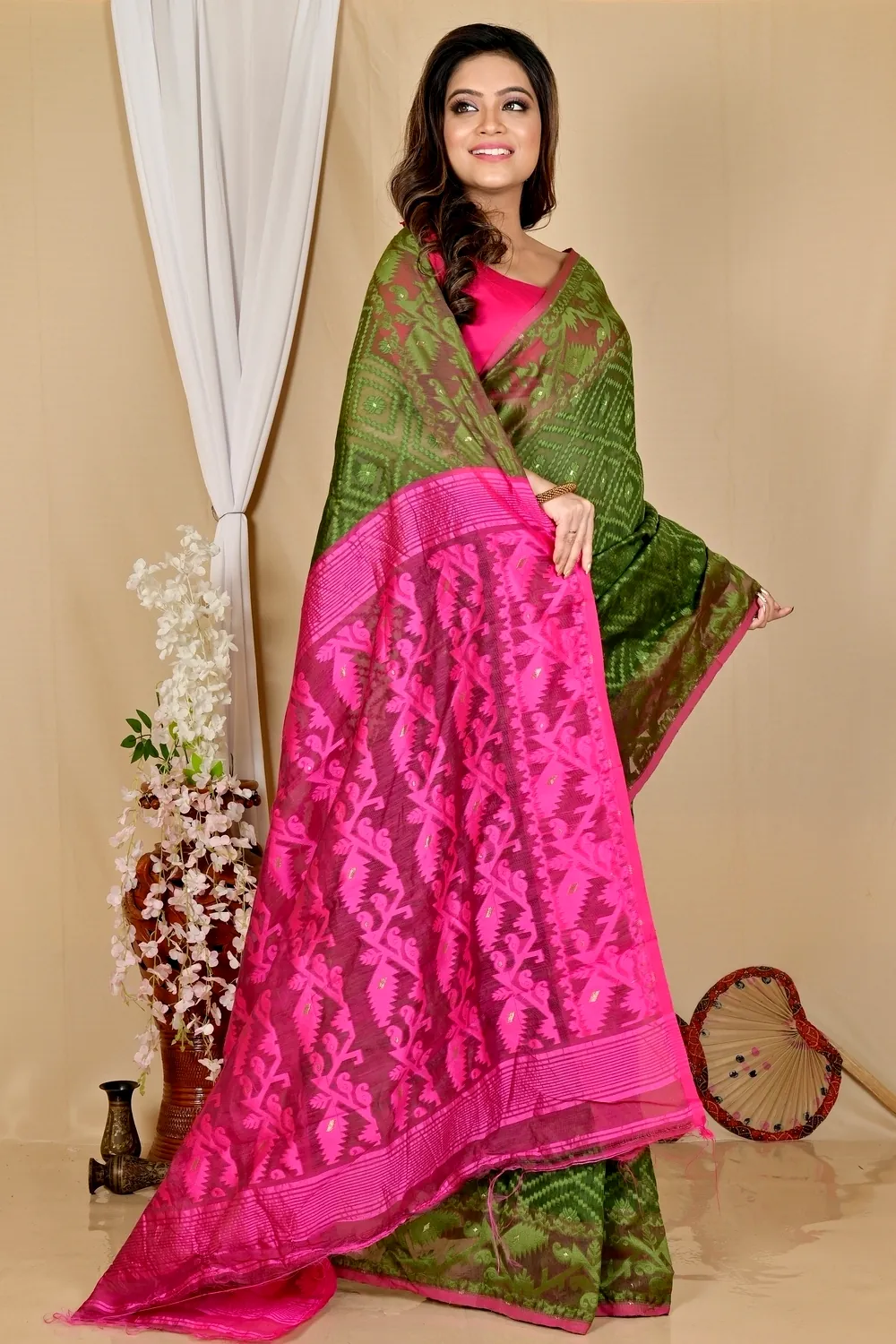 Green Purple Blended Cotton Krokai Jamdani Saree (1705)