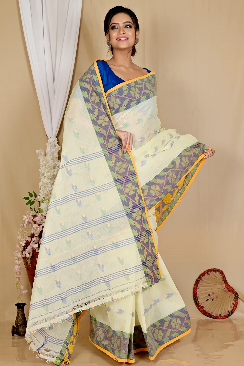White Pure Cotton Komtai Tant Saree (1710)