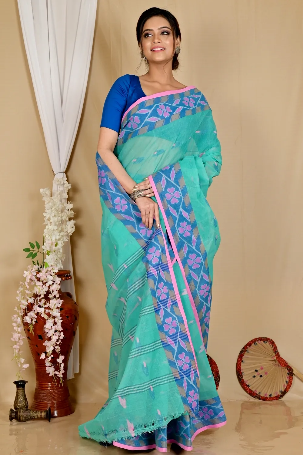 See Green Pure Cotton Komtai Tant Saree (1711)