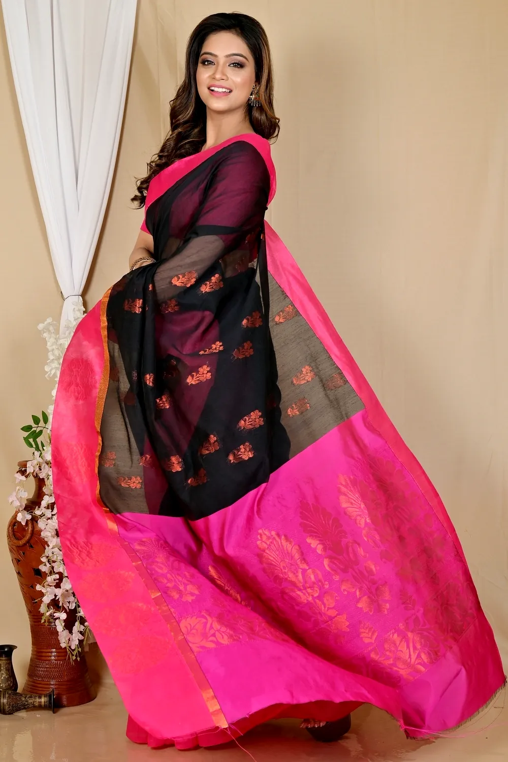 Black Purple Cotton Silk Kakin Hand Loom Saree (1712)