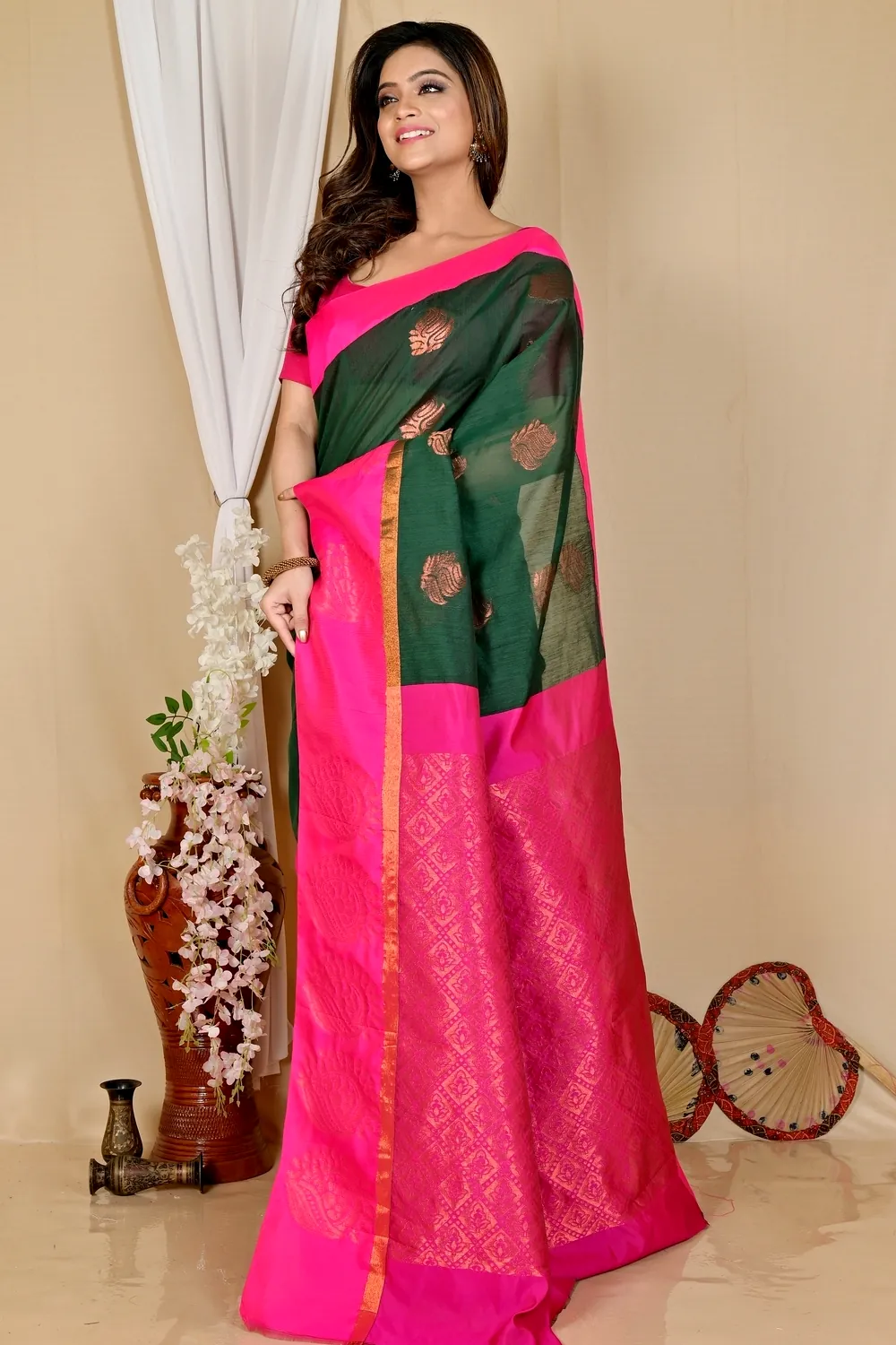 Drak Green Purple Cotton Silk Kakin Hand Loom Saree (1714)