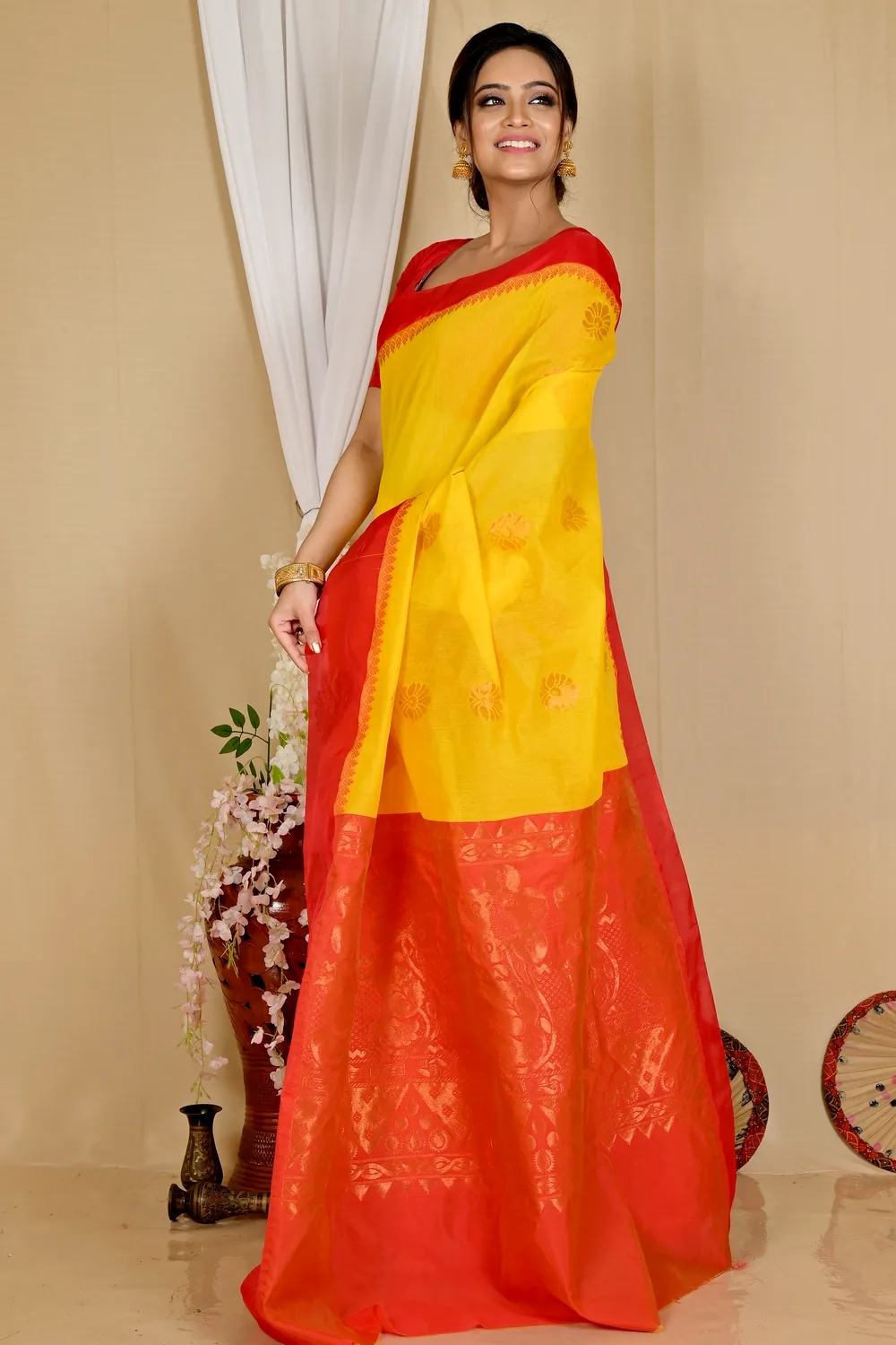 Yellow Red Cotton Silk Kakin Hand Loom Saree (1715)