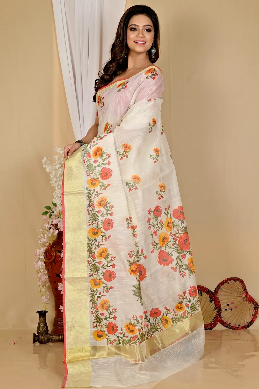 White Cotton Narme Printed Handloom Saree (1724)