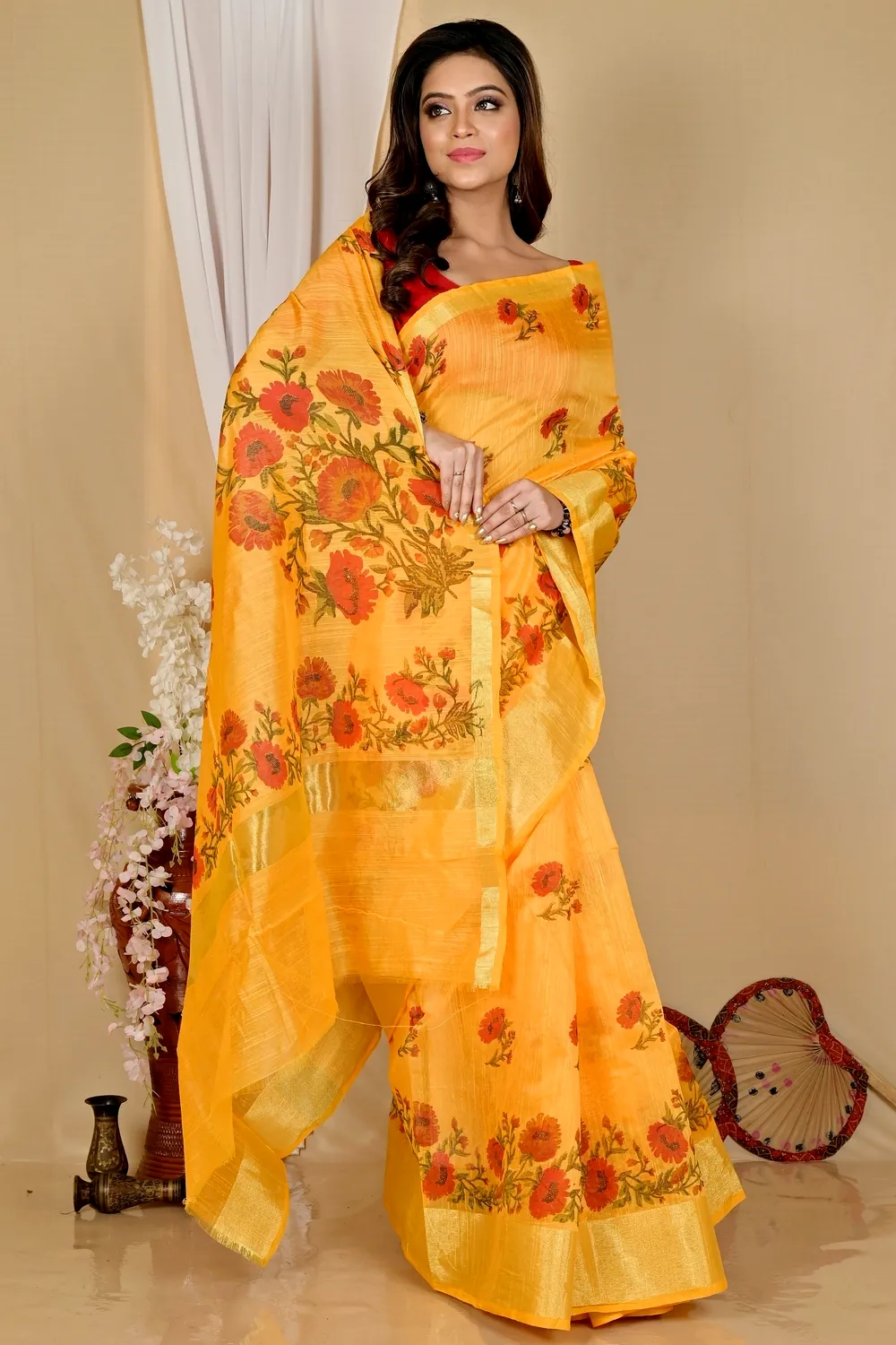 Yellow Cotton Narme Printed Handloom Saree (1726)