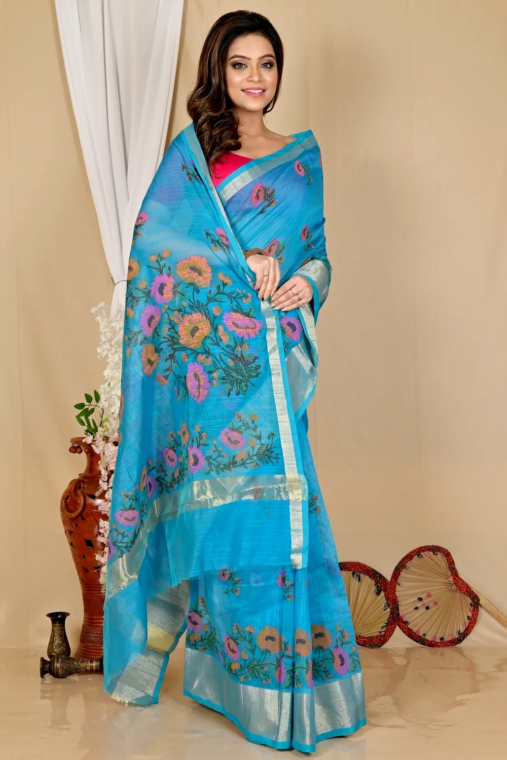 See Blue Cotton Narme Printed Handloom Saree (1728)