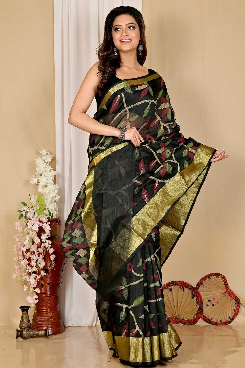 Black Blended Cotton Narento Hand Loom Saree (1729)