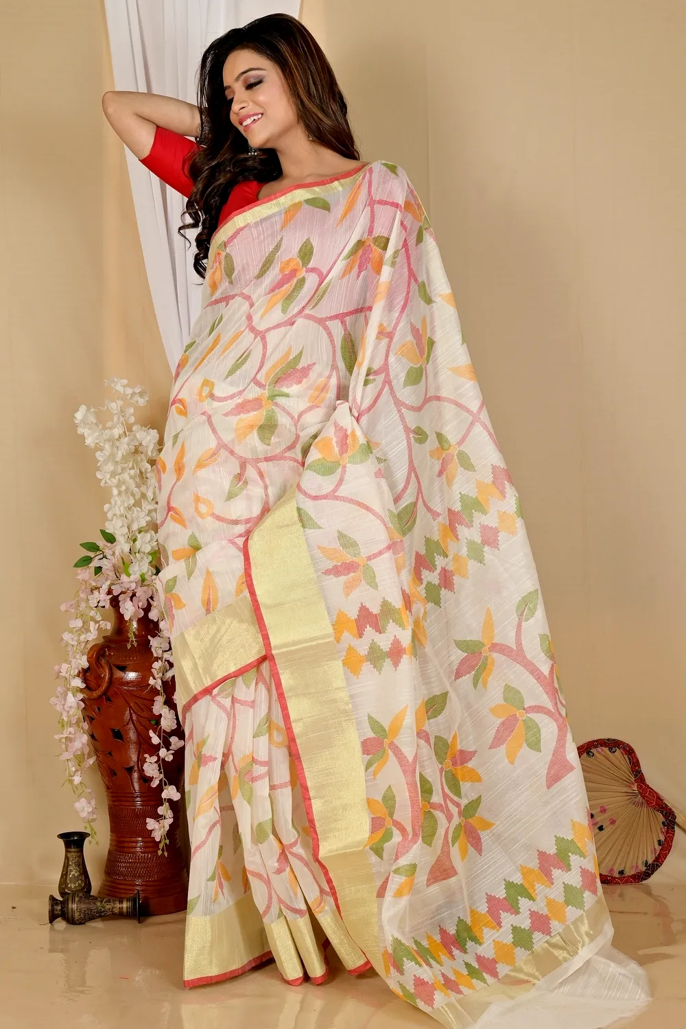 Off White Blended Cotton Narento Hand Loom Saree (1730)