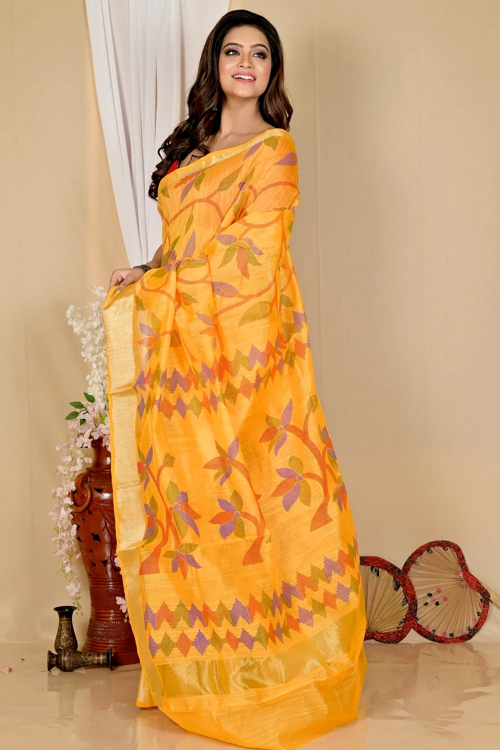 Yellow Blended Cotton Narento Hand Loom Saree (1731)