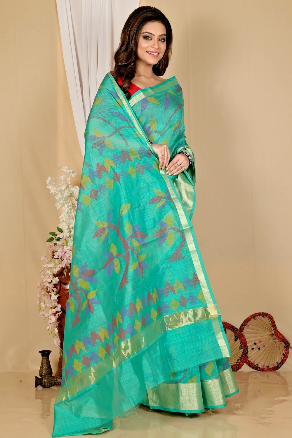 Dark Green Blended Cotton Narento Hand Loom Saree (1733)