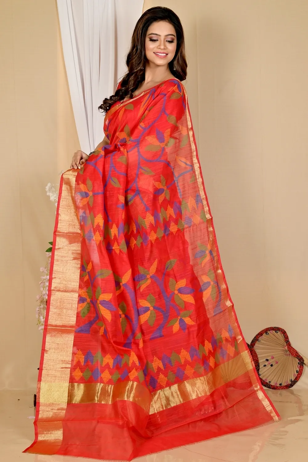 Red Blended Cotton Narento Hand Loom Saree (1734)