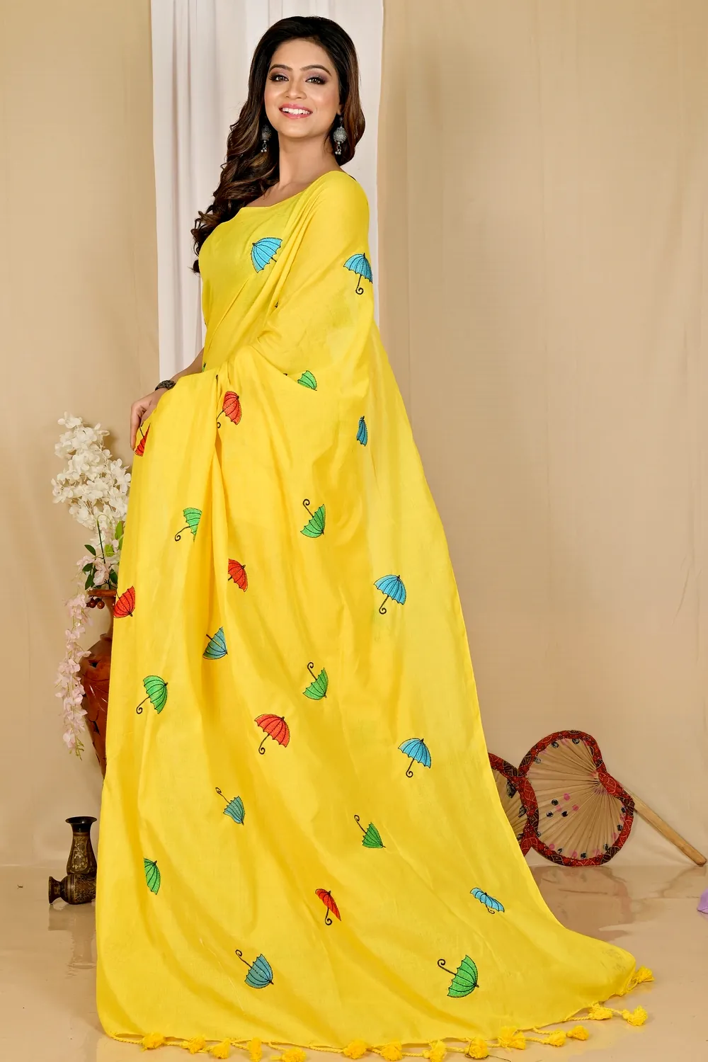Yellow Pure Cotton Umber Than Embroidery Handloom saree (1738)