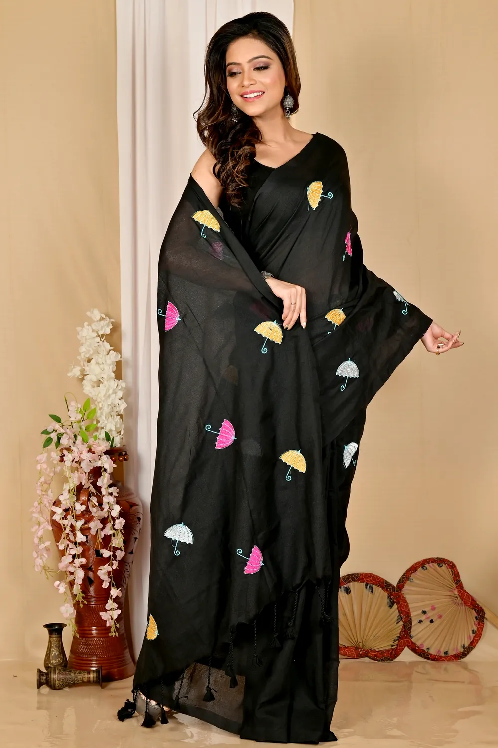 Black Pure Cotton Umber Than Embroidery Handloom saree (1739)