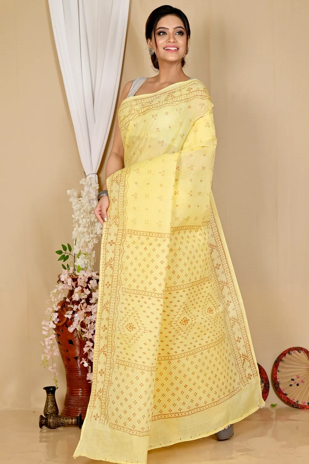 Light Yellow Pure Cotton Liko Tant Saree Print (1744)