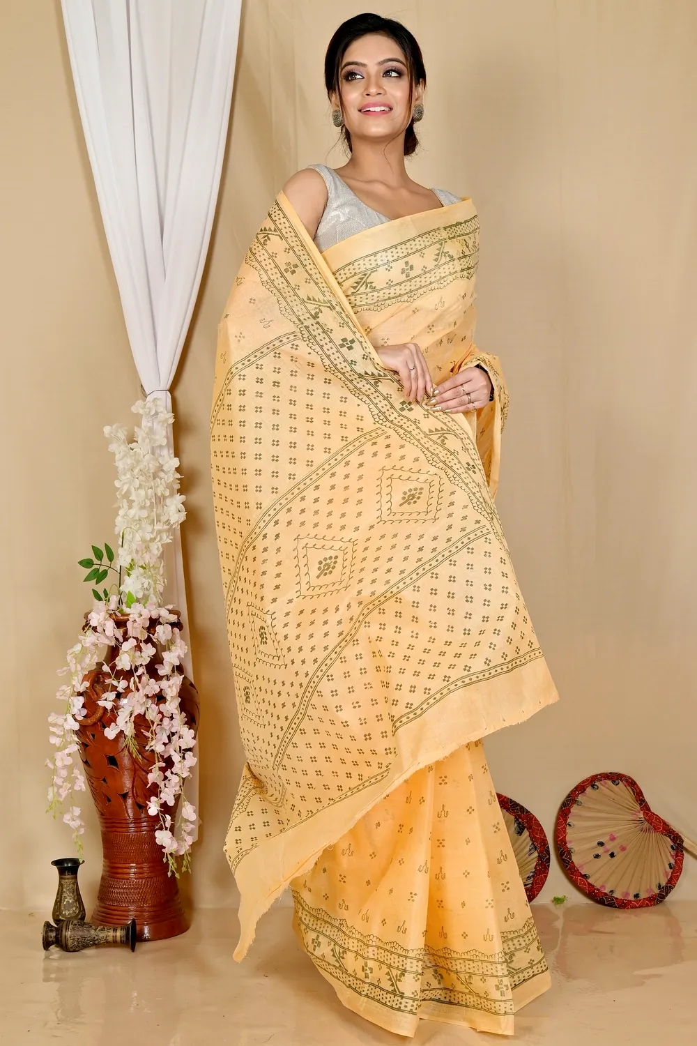 Light Orange Pure Cotton Liko Tant Saree Print (1745)