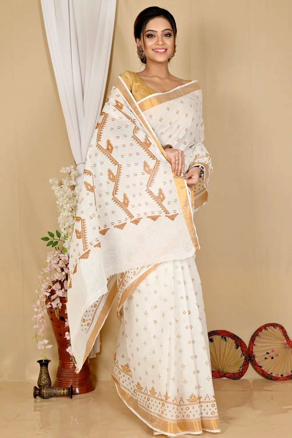 White Brown Pure Cotton Ekta Print Tant Saree Print (1749)