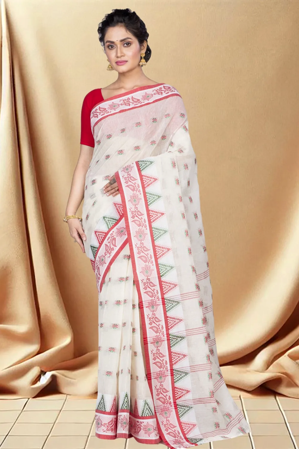 Red Pure Cotton Alkari Tant Saree (175)