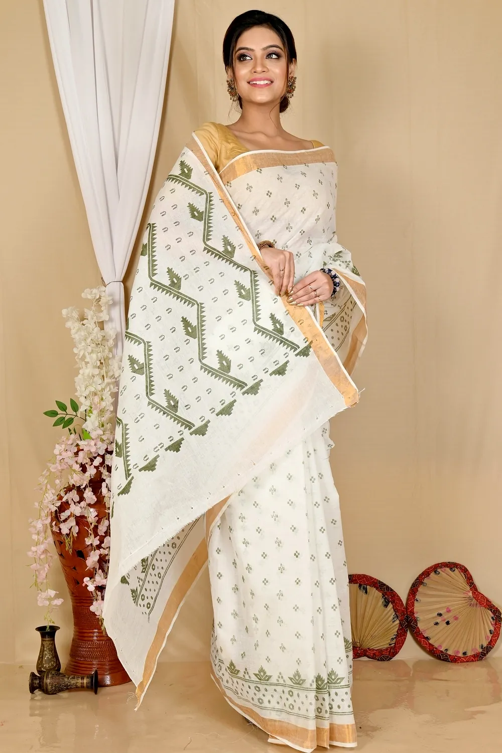 White Green Pure Cotton Ekta Print Tant Saree Print (1750)