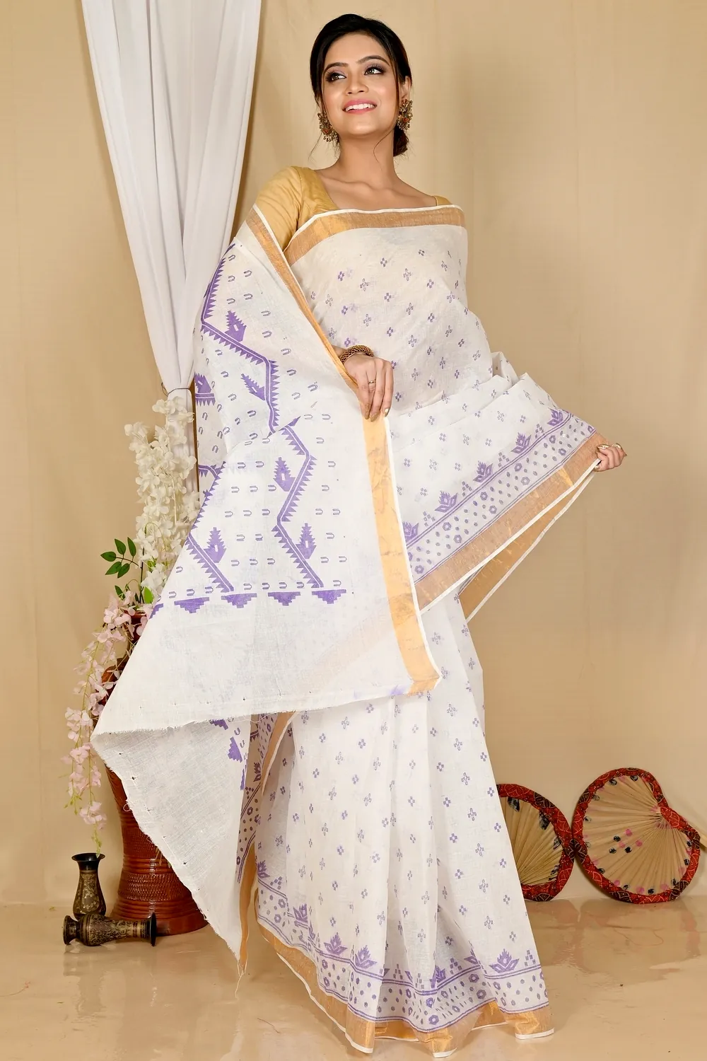 White Purple Pure Cotton Ekta Print Tant Saree Print (1751)