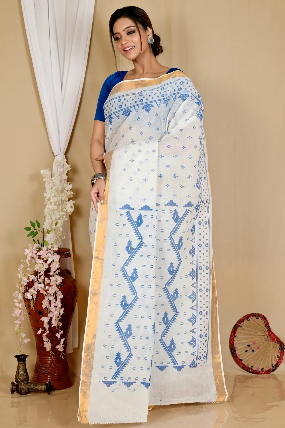 White Blue Pure Cotton Ekta Print Tant Saree Print (1752)