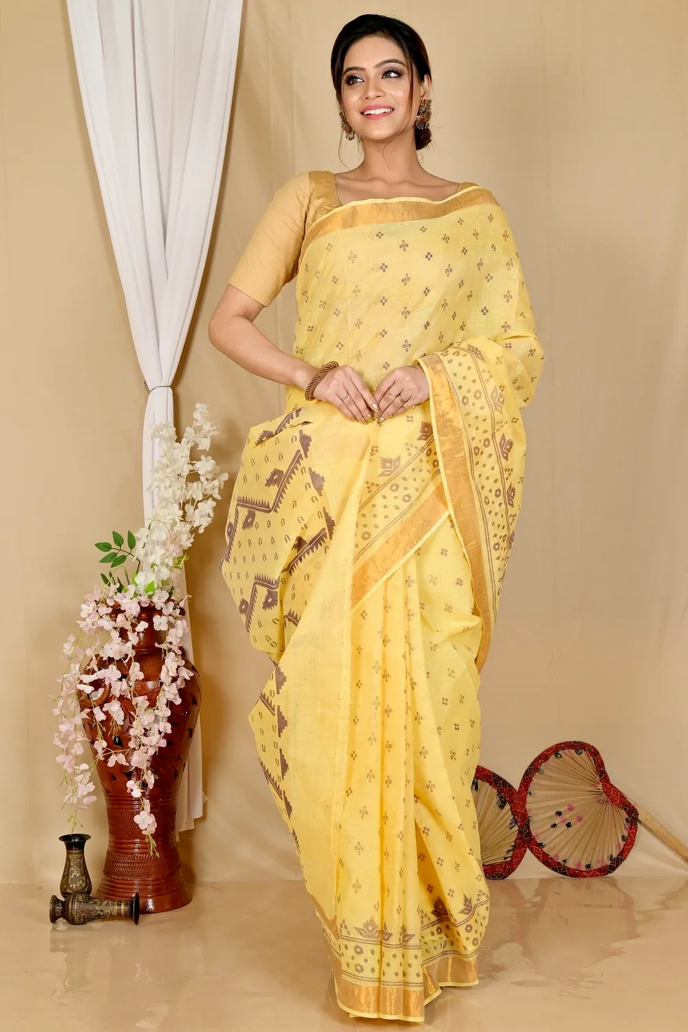 Yellow Pure Cotton Luvna Tant Saree Print (1754)