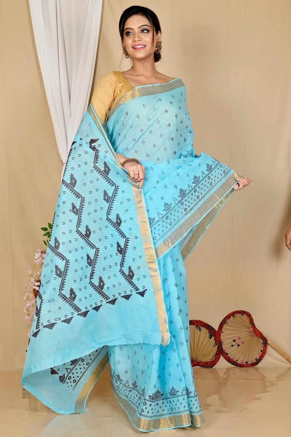 Sky Blue Pure Cotton Luvna Tant Saree Print (1755)