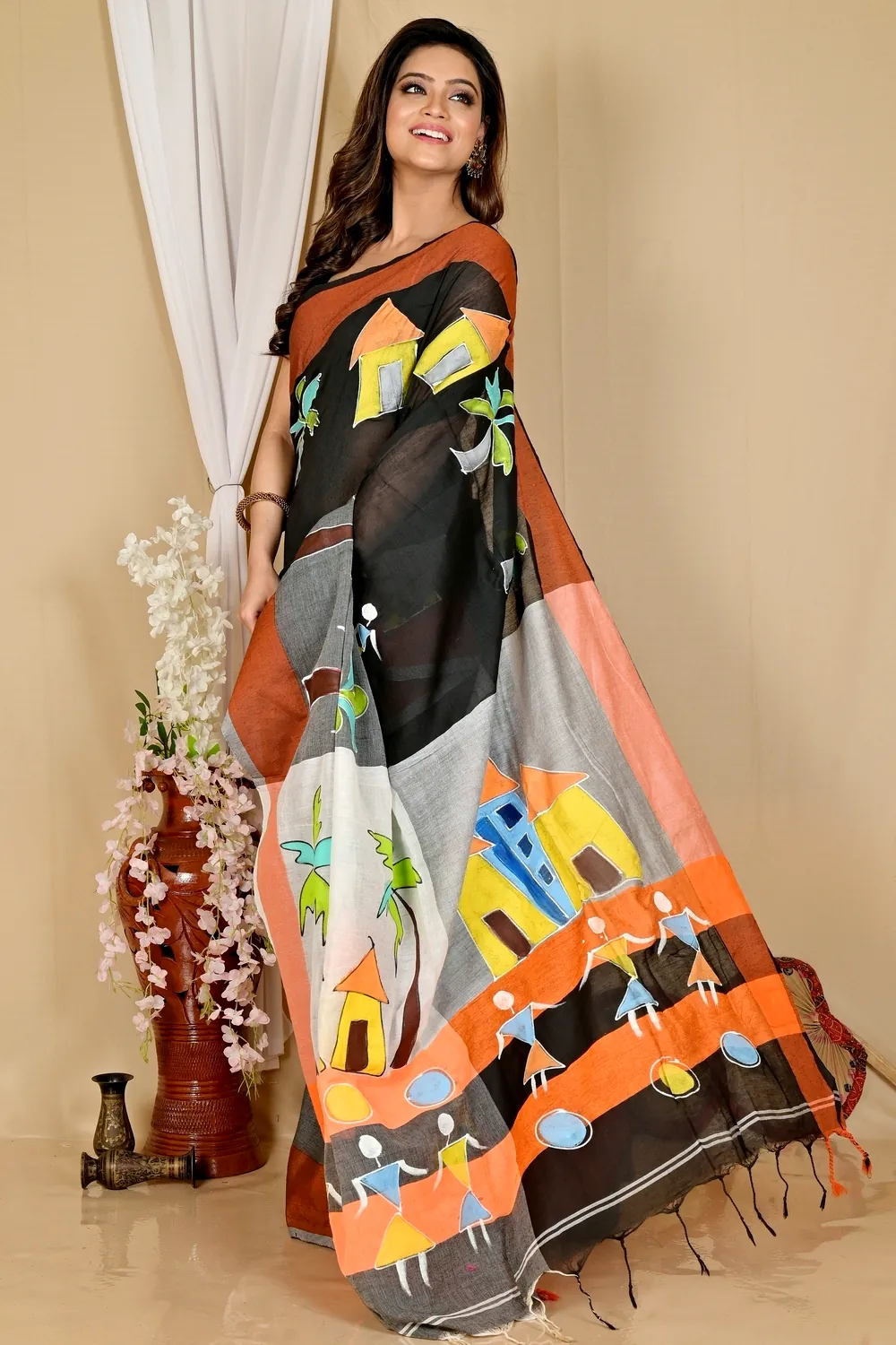 Black Grey Pure Cotton Khadaka Kousiki Hand Painted Saree (1759)