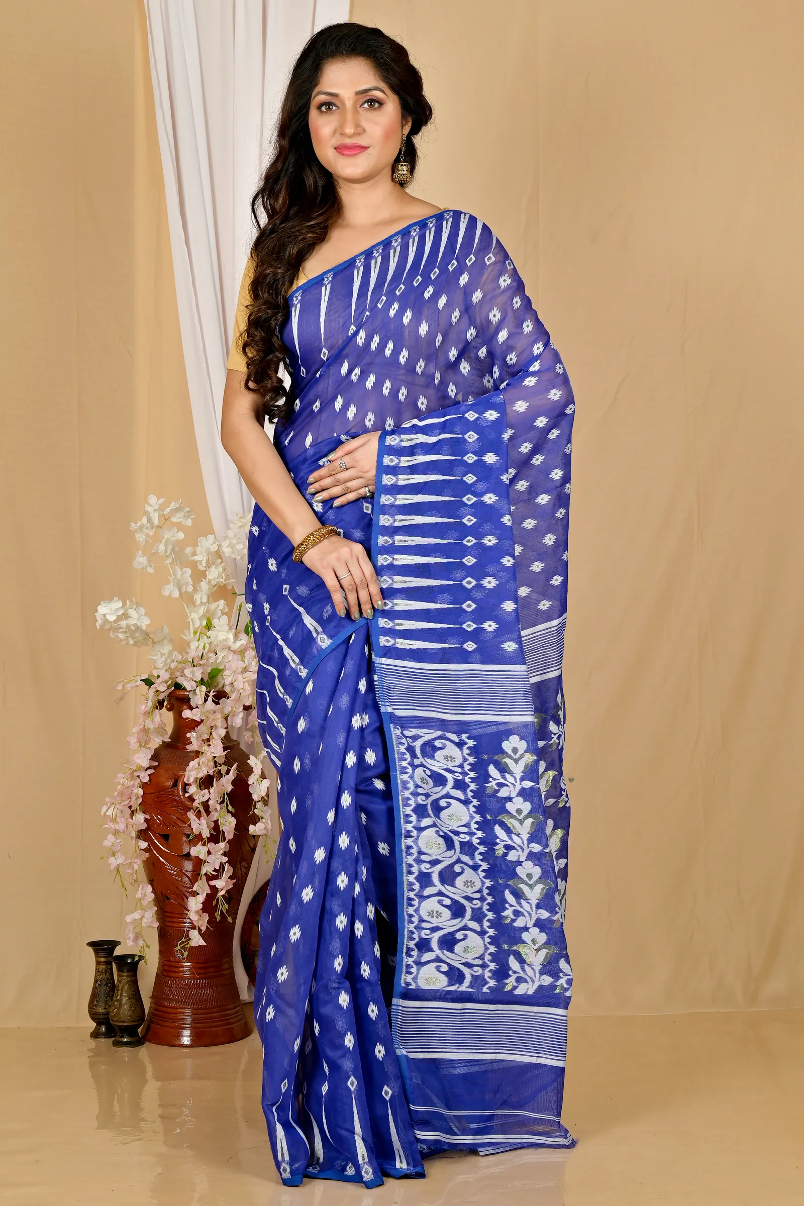 Blue Blended Cotton Rapial Jamdani Saree (1766)