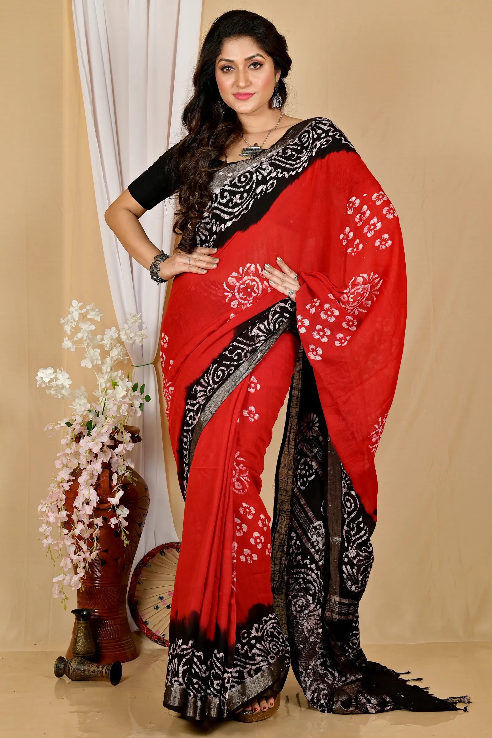 Red Black Pure Cotton Batikato Batik Print Saree (1768)