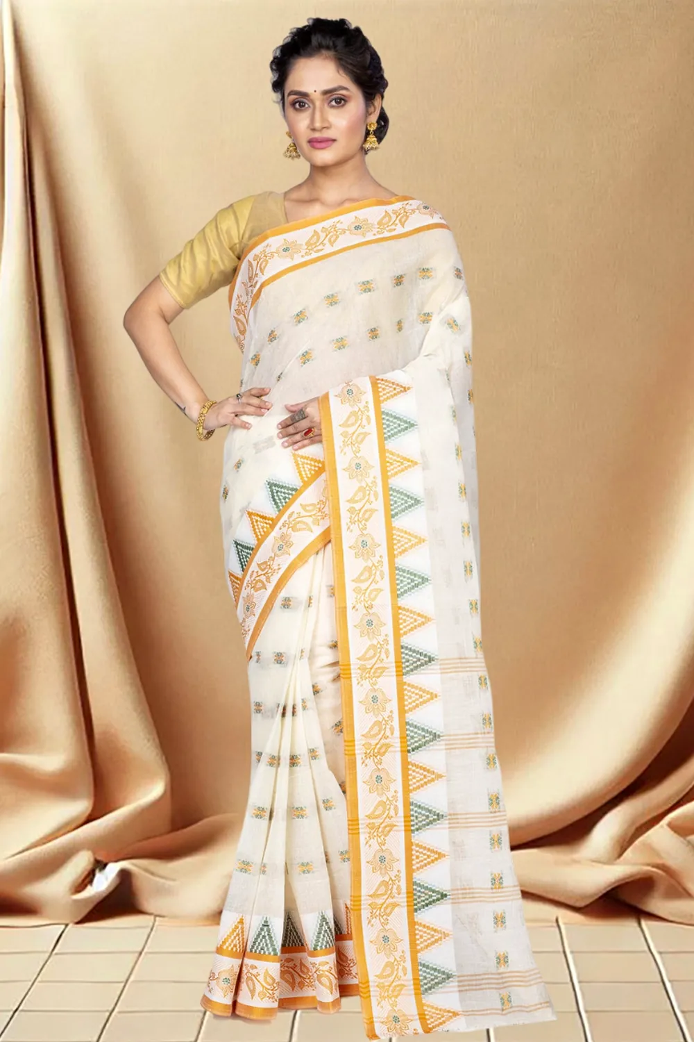 Yellow Pure Cotton Alkari Tant Saree (177)